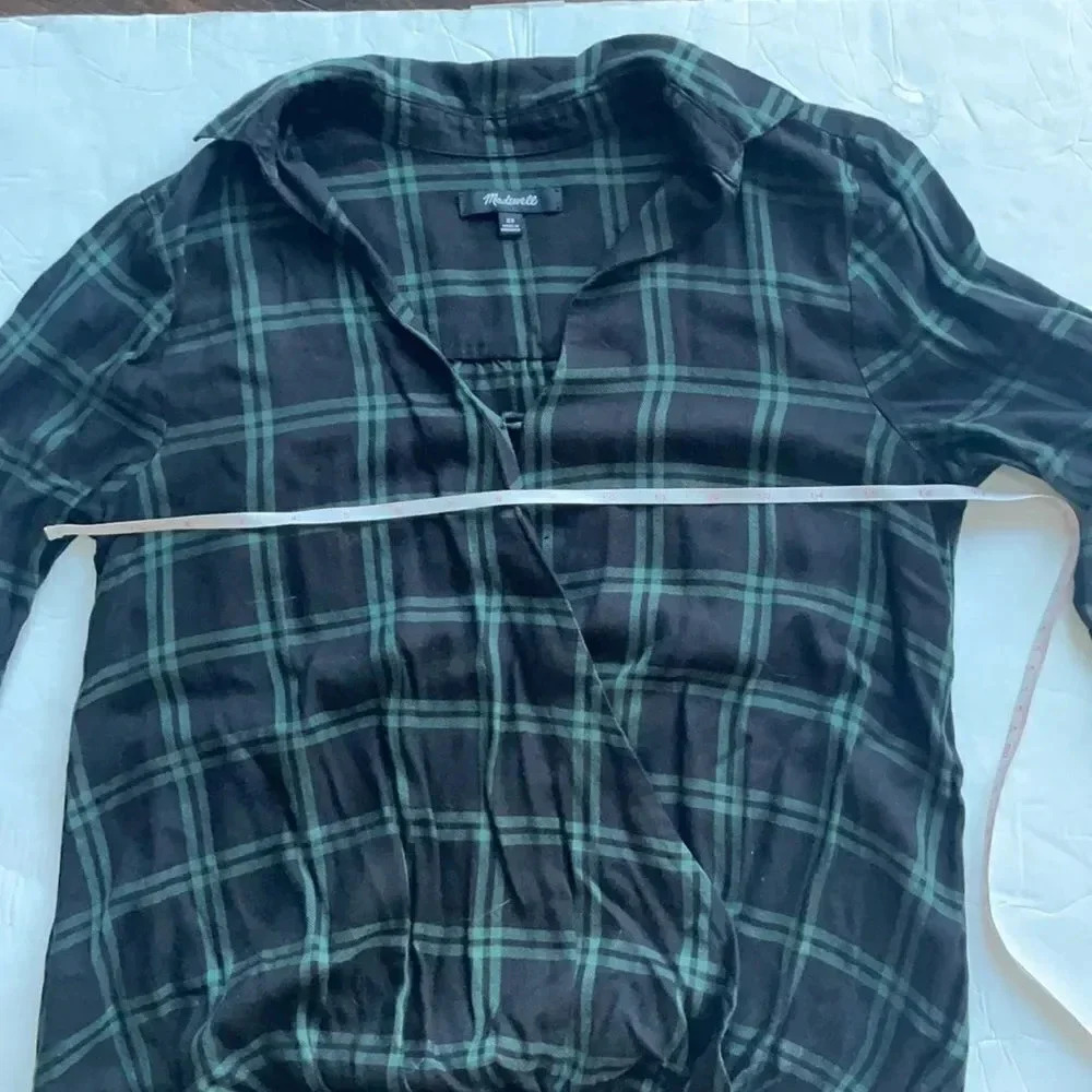 Madewell Wrap-Front Shirt in Palma Plaid Long sleeved Navy & green Size XS - Picture 6 of 11